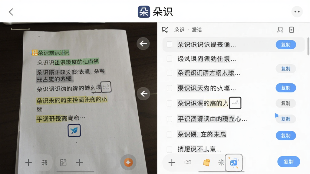 主体是“朵识”应用识别界面,画面左侧是一张带有文字的纸张照片,右侧是识别后生成的整齐文本列表;布局为左右分栏对比展示;排版上方有“朵识”标识;风格为清爽工具类UI风格;细节包括识别箭头、文字高亮框、复制按钮;画质清晰,干净,无多余元素