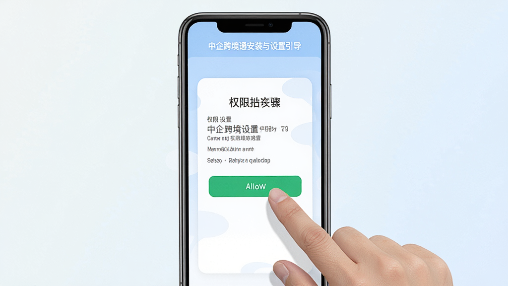 中企跨境通安装与设置引导界面,手机屏幕内呈现权限设置步骤示意图,画面中有一只手正在点击允许按钮,背景为简洁的浅色渐变,风格清晰易懂,细节明确,画质干净,无多余元素