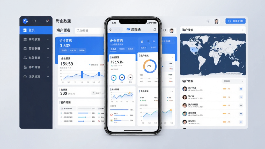中企跨境通软件主界面全貌展示,画面中央放置手机样机,屏幕内呈现蓝白配色的企业营销数据看板,左侧为功能导航栏,右侧为海外市场地图与客户线索列表,背景为浅灰色渐变,整体风格商务简洁,细节清晰,画质干净,无多余元素