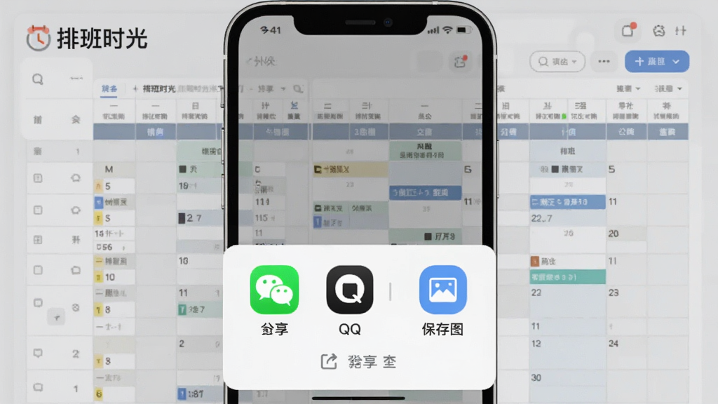 一张展示“排班时光”软件分享与导出功能的界面图,画面主体为手机屏幕,屏幕下方弹出分享菜单,包含微信图标、QQ图标、保存图片按钮,背景是已生成的排班表预览图。风格为现代简洁风,细节清晰,画质干净,无多余元素。