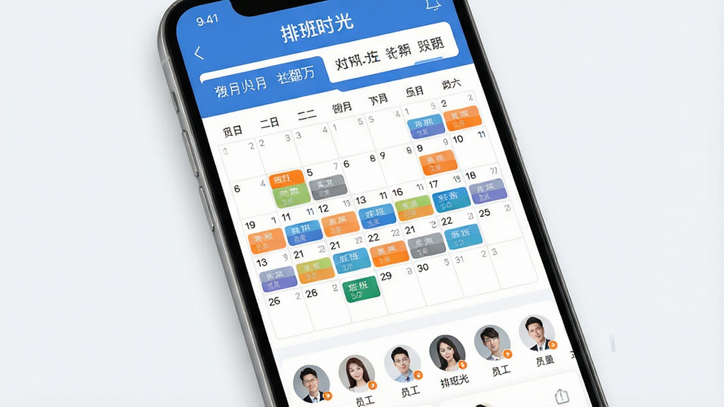 一张展示手机屏幕的图片,屏幕中显示着“排班时光”软件的日历排班界面,界面布局为上方是月份选择栏,中间是网格状日历,每个日期格内用不同颜色的小色块代表不同班次,下方是员工头像列表。整体风格为现代简约商务风,色调以蓝白为主,点缀橙色高亮,细节清晰,画质干净,无多余元素。
