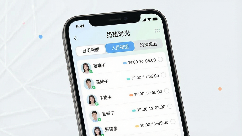 一张展示“排班时光”软件多维度视图切换功能的界面图,画面主体为手机屏幕,屏幕上显示三个选项卡标签“日历视图”、“人员视图”、“班次视图”,当前选中“人员视图”,下方列表展示员工姓名及其对应的排班时间段。风格为清新浅色系,布局整齐,细节精致,画质干净,无多余元素。