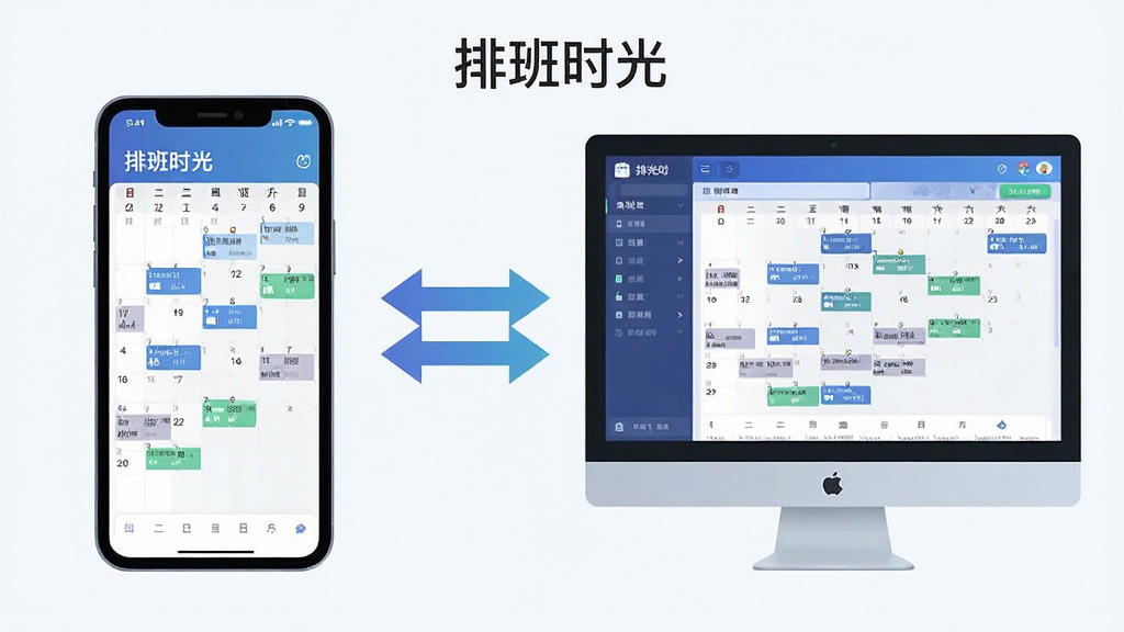 一张展示“排班时光”软件在手机与电脑模拟器上同步操作的对比图,左侧为手机屏幕显示排班日历,右侧为电脑屏幕显示相同排班内容,中间用双向箭头连接表示同步。风格为科技感扁平插画,布局对称,细节清晰,画质干净,无多余元素。