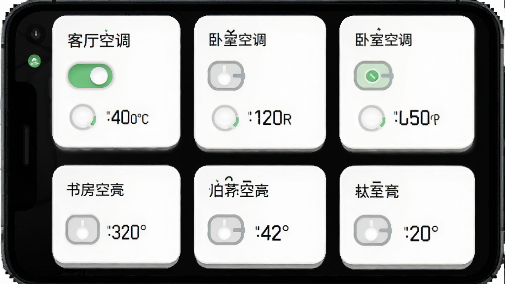 画面展示一个手机屏幕,屏幕上有多个空调控制卡片整齐排列,每张卡片标注着客厅空调、卧室空调、书房空调等名称,卡片上有开关和温度显示,布局为网格状,风格为清新简约的卡片式设计,细节上卡片有轻微阴影和圆角,画质高清干净,无多余元素