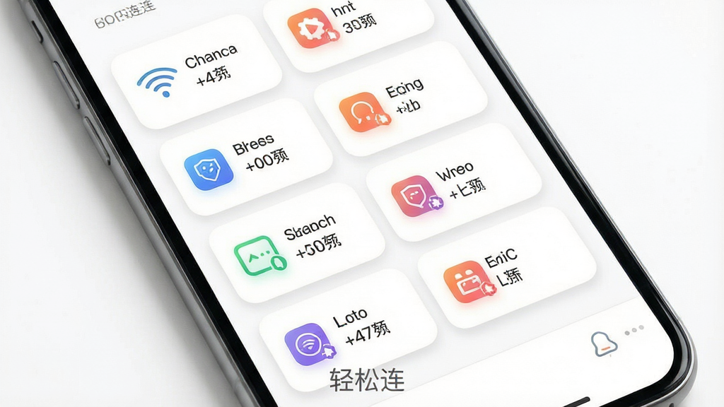 轻松连多设备管理界面,主体为手机屏幕展示多个设备卡片排列,每个卡片上有不同图标和数值;布局为纵向列表,卡片带有柔和阴影;排版清晰,卡片间距均匀;风格为清新简约的移动端UI;细节上卡片边角圆润,图标使用线性风格,背景为纯白;画质高清,干净无多余元素,软件名称“轻松连”以水印形式出现在屏幕底部。