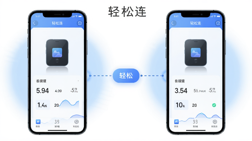 轻松连设备分享功能示意图,主体是两部手机通过一个连接图标相连,屏幕上分别显示同一个设备的数据;布局为左右对称;排版简洁;风格为科技感插画风;细节上连接线为虚线,背景有淡蓝色光晕;画质高清,干净无多余元素,画面中带有“轻松连”文字。