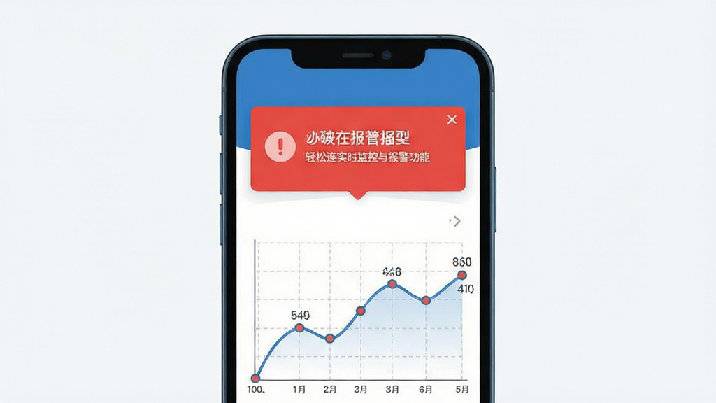 轻松连实时监控与报警功能展示,主体是手机屏幕显示一条红色报警通知弹窗和下方的温度曲线图;布局为手机居中,报警弹窗在屏幕上方;排版突出报警信息;风格为扁平化设计,红色与蓝色搭配;细节上曲线图有网格线,数据点清晰;画质高清,画面干净,无多余元素。