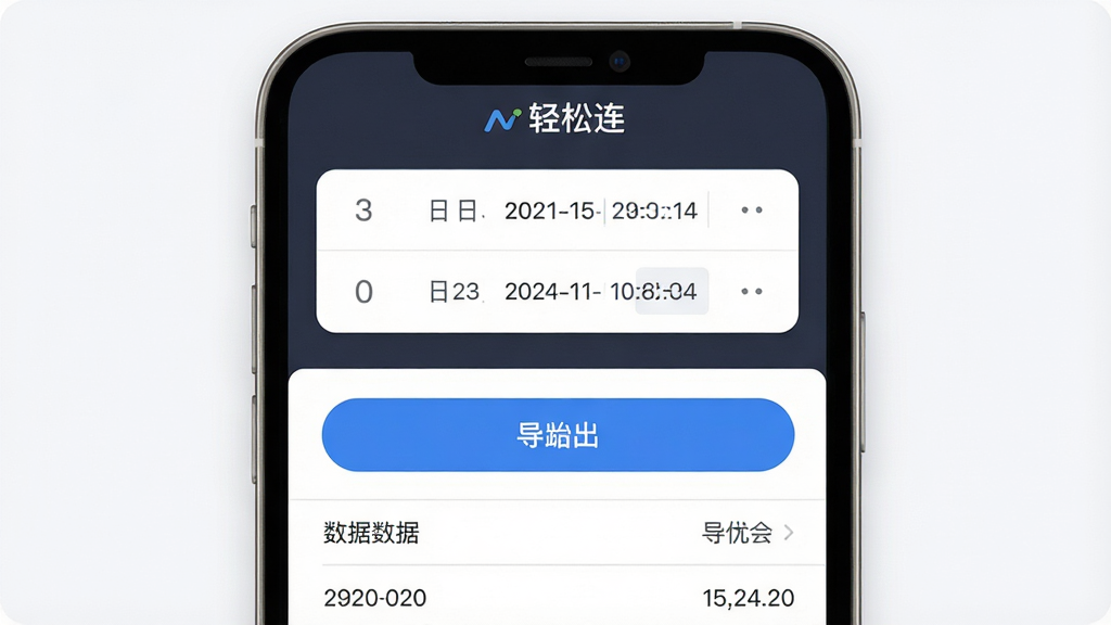轻松连历史数据导出界面,主体为手机屏幕展示一个数据表格和导出按钮;布局为屏幕上半部分显示日期选择器,下半部分显示数据列表;排版整齐;风格为商务简约风;细节上表格线条浅灰,导出按钮为蓝色圆角矩形;画质高清,画面干净,无多余元素,屏幕上方有“轻松连”文字标识。