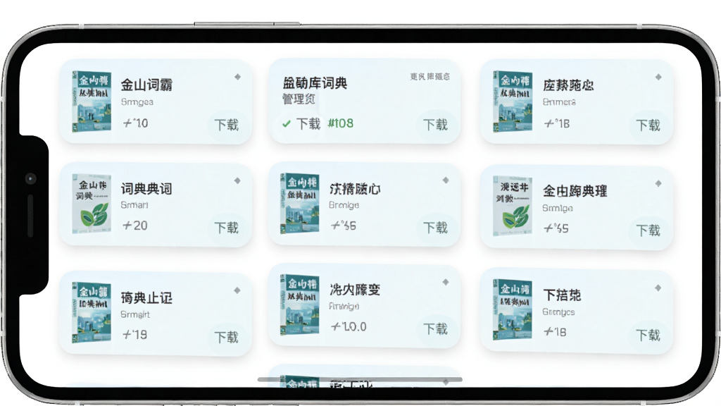金山词霸词典库管理界面预览图,主体为手机屏幕展示词典列表,布局为纵向排列的卡片式设计,排版中每张卡片显示词典名称和下载状态,风格为清新浅色系,细节上卡片带有柔和阴影和圆角,背景为纯白色,画质清晰,画面干净,无多余元素