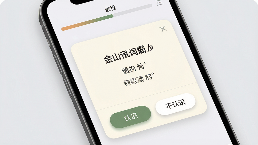 金山词霸生词本与复习计划界面图,主体为手机屏幕显示单词卡片复习页面,布局为卡片居中展示单词和释义,底部有“认识”和“不认识”按钮,顶部有进度条,排版简洁聚焦,风格为柔和圆角设计,细节上卡片背景为米白色,按钮有轻微按压感,背景为浅灰色,画质高清,画面干净,无多余元素