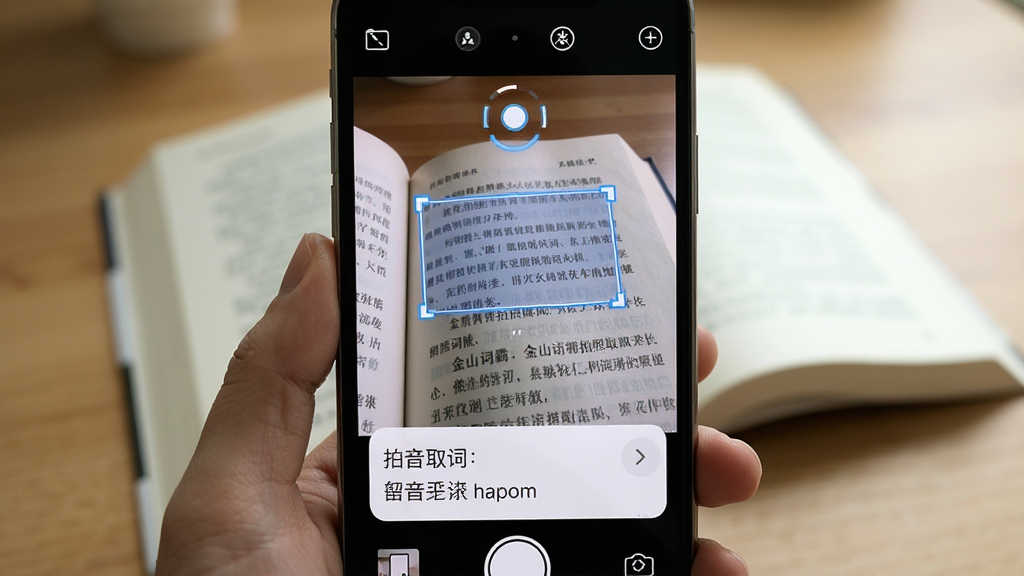 金山词霸拍照取词与语音翻译场景图,主体为手机摄像头取词界面,布局为取景框内显示书本文字并被识别框选中,屏幕下方弹出翻译结果,排版为全屏取景加底部悬浮卡片,风格为真实场景模拟,细节上取景框有对焦动画,背景为虚化的书本桌面,画质清晰,画面干净,无多余元素