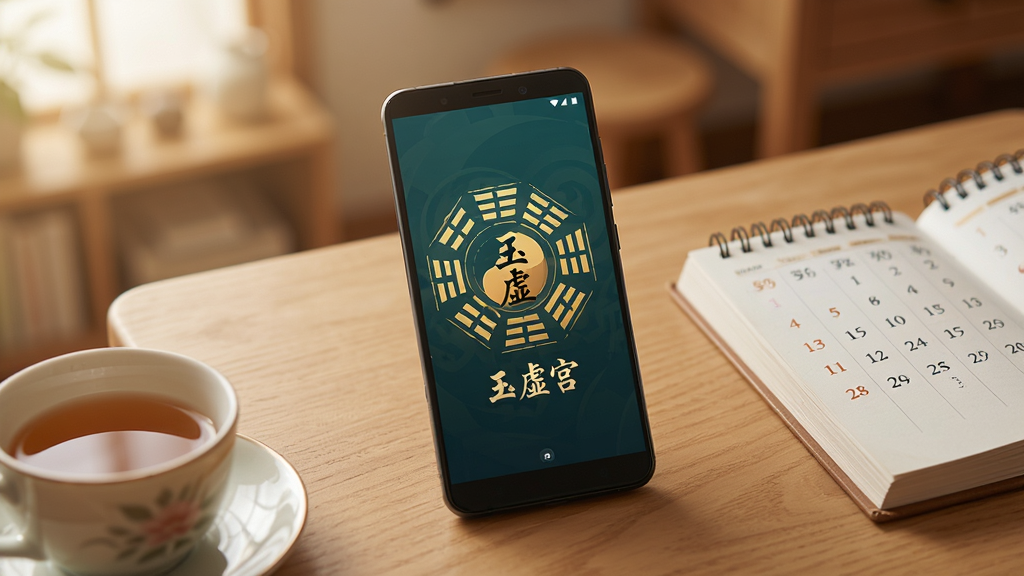 一部安卓手机放在木质桌面上,手机屏幕显示玉虚宫软件的启动界面,界面上有古典八卦图案和「玉虚宫」三个字,手机旁边有一杯茶和一本翻开的日历,背景是温馨的室内环境,光线柔和,画面干净整洁,高画质无多余元素