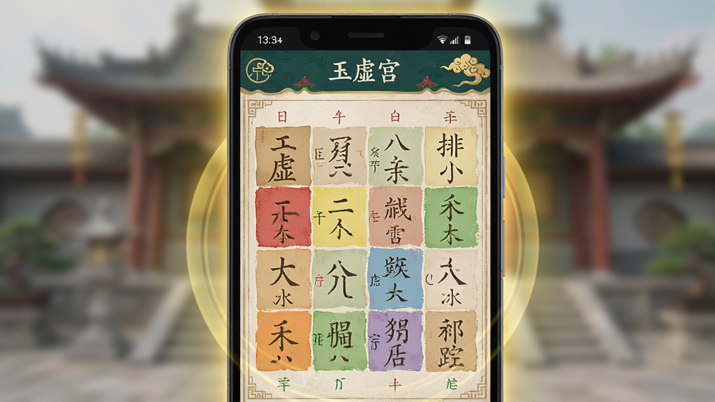 一部安卓手机屏幕特写,屏幕上展示着玉虚宫软件的八字排盘界面,四柱干支排列整齐,五行颜色标注清晰,界面风格古朴典雅带有中国风元素,手机周围有淡淡的金色光芒环绕,背景虚化处理,画面干净简洁,高画质无多余元素