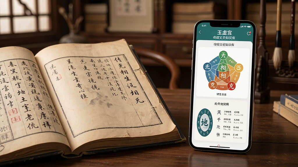 一本打开的古籍旁边放着一部手机,手机屏幕上显示玉虚宫软件的传统文化知识库界面,页面上有五行相生相克图表和天干地支说明,古籍上隐约可见毛笔批注,背景是古色古香的书房环境,整体色调温暖柔和,画面干净整洁,高画质细节丰富