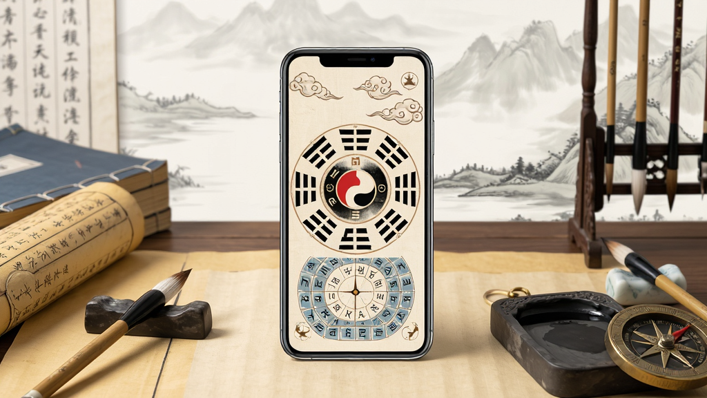 一幅古朴典雅的中国传统命理测算场景,画面中央放置一部智能手机,手机屏幕上显示着古典风格的八卦罗盘与天干地支排盘界面,手机周围环绕着泛黄的古籍书卷、毛笔、砚台和罗盘等传统术数工具,背景是淡雅的山水云雾,整体风格融合古典水墨与现代科技感,画面干净整洁,无多余元素,高画质细节丰富
