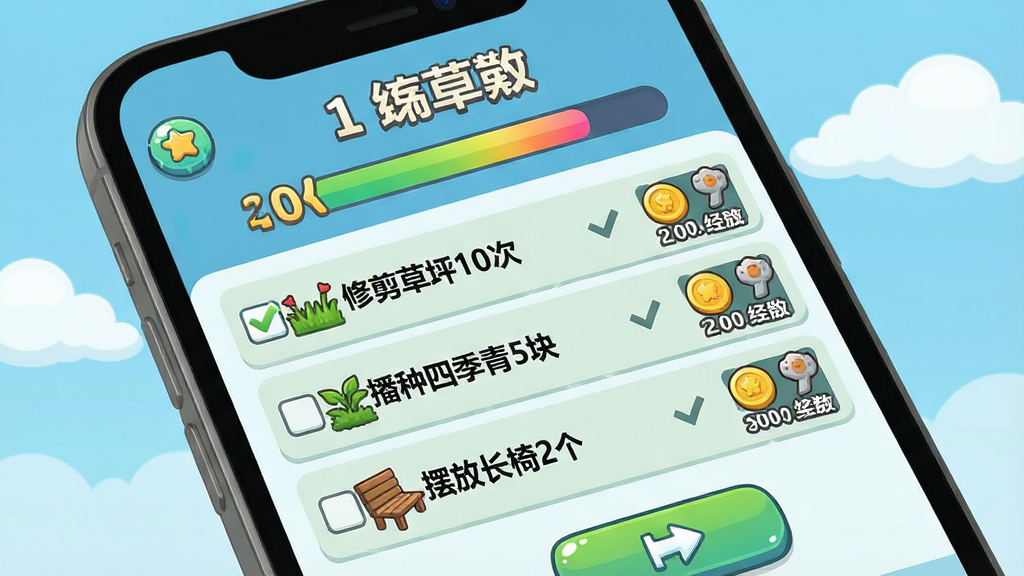 一张展示“草坪兄弟”游戏任务与成长界面的AI生图,画面主体是手机屏幕,屏幕内显示任务列表和等级进度条,任务条目包括“修剪草坪10次”“播种四季青5块”“摆放长椅2个”等,每条任务前有复选框,右侧有金币和经验奖励图标。屏幕上方有醒目的等级数字和进度条。布局为手机倾斜展示,背景为浅蓝色天空和几朵白云。风格为卡通扁平化,细节包括按钮高光、进度条渐变和任务图标,画质清晰,无杂乱元素。
