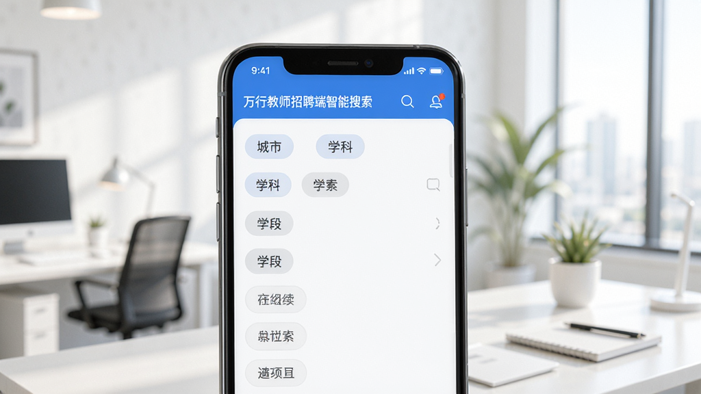 万行教师招聘端智能搜索界面展示,画面中一部手机屏幕显示筛选条件选项,包括城市、学科、学段等标签,背景是明亮的办公室环境,风格清新简约,细节清晰,画质高清,干净,无多余元素