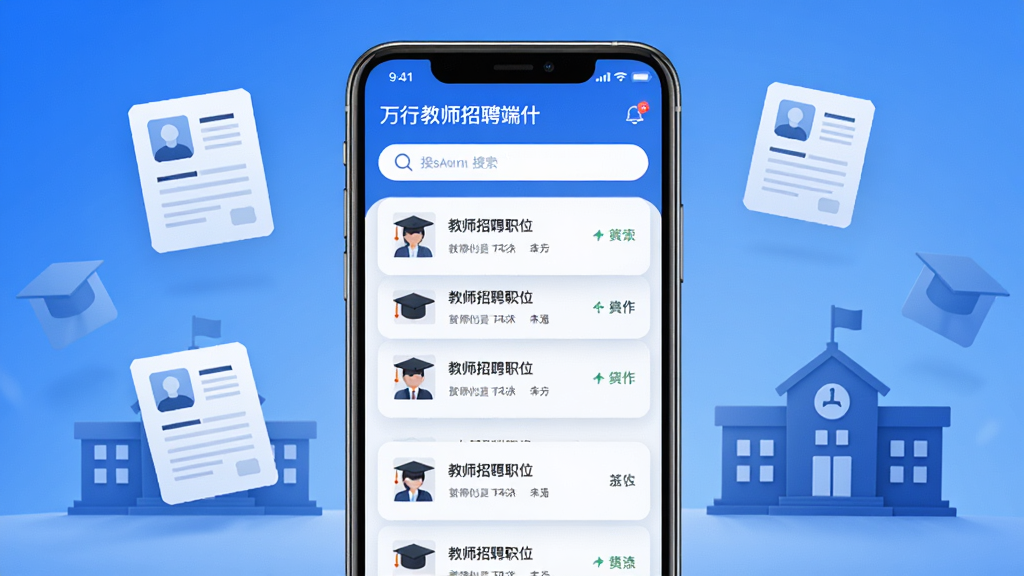 万行教师招聘端软件主界面全貌展示,画面中央是一部智能手机,屏幕显示教师招聘职位列表和搜索栏,背景是简洁的蓝色渐变,周围漂浮着简历图标和学校建筑剪影,布局清晰,排版整齐,风格现代商务,细节精致,画质高清,干净,无多余元素