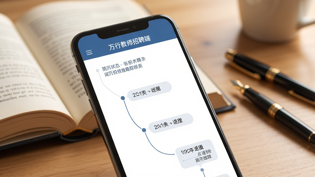 万行教师招聘端简历投递跟踪页面展示,手机屏幕显示简历状态时间轴,背景为柔和的书本和笔,风格温暖专业,细节丰富,画质高清,干净,无多余元素