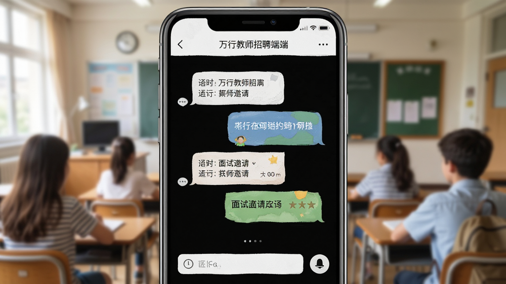 万行教师招聘端即时聊天界面展示,手机屏幕显示对话气泡和面试邀请卡片,背景是虚化的教室场景,风格亲切自然,细节清晰,画质高清,干净,无多余元素
