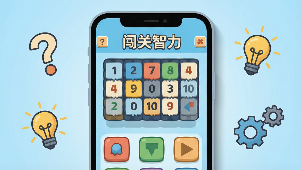 一幅展示手机屏幕内益智闯关游戏的场景插画,画面中央是一部竖屏智能手机,屏幕中显示