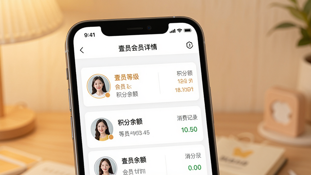 一张展示壹店通会员管理功能的手机界面图,画面中手机屏幕显示会员列表与积分详情,包含会员头像、等级、积分余额和消费记录,背景为柔和的暖色调,布局规整,风格亲切友好,细节清晰显示文字与数字,画质高清,干净无多余元素