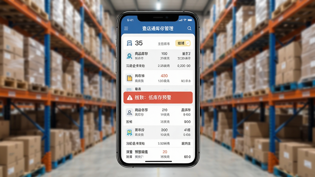 一张展示壹店通库存管理功能的界面图,画面中央为手机屏幕,显示库存列表与低库存预警提示,包含商品名称、当前库存、预警阈值等数据,背景为仓库货架虚化场景,布局清晰,风格简洁实用,细节显示数字与图标,画质高清,干净无多余元素