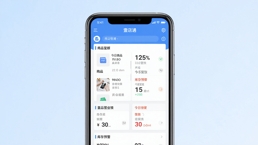 一张展示壹店通软件主界面的手机应用截图风格图片,画面中央是一部智能手机,屏幕上显示壹店通店铺管理仪表盘,包含商品列表、今日营业额、库存预警等模块,背景为简洁的浅蓝色渐变,布局居中对称,风格现代商务,细节清晰显示图标和数字,画质高清,干净无多余元素