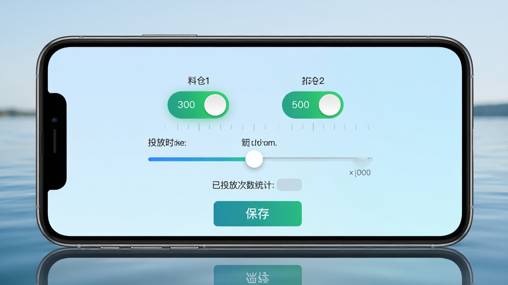 探鱼打窝船APP打窝设置页面,界面显示料仓1与料仓2的开关按钮,投放时长滑动条,以及已投放次数统计,背景为淡蓝色渐变,手机横屏放置在水面倒影上,主体为手机屏幕内容,布局居中,细节包括开关高亮状态、数字刻度、保存按钮,风格写实UI设计,画质高清,干净,无多余元素