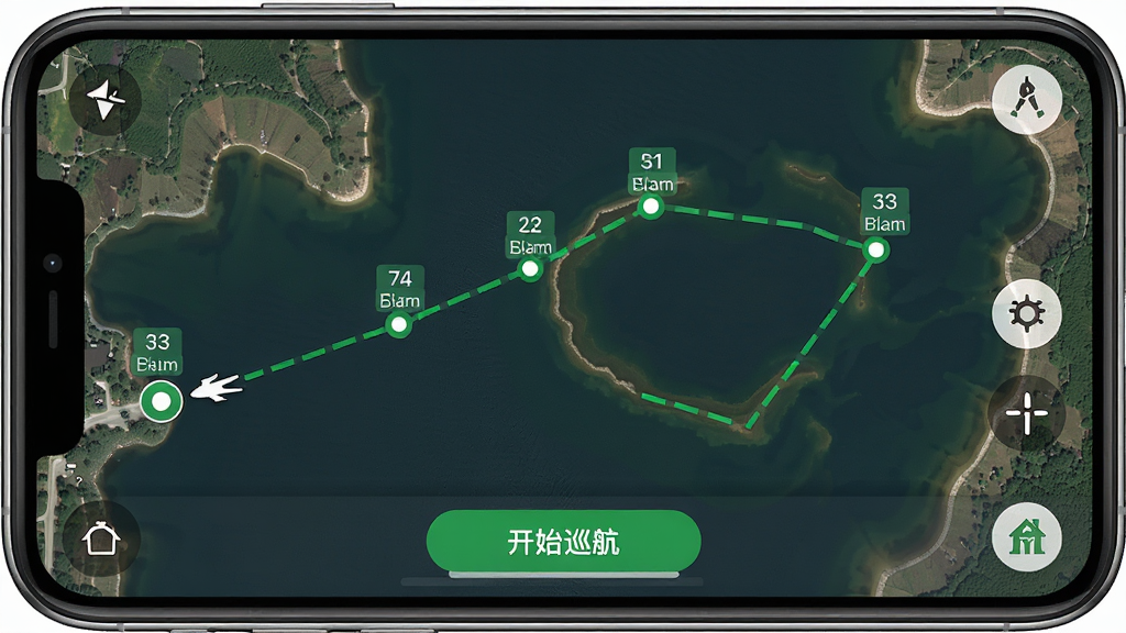 探鱼打窝船APP地图航线规划界面,手机屏幕显示卫星地图上有多个绿色航点连线,船形图标在起点,航线呈折线延伸至湖心,底部有开始巡航按钮,背景为真实水库卫星图,主体为手机屏幕,布局居中,细节包括航点编号、距离标注、返航图标,风格写实导航软件UI,画质高清,干净,无多余元素