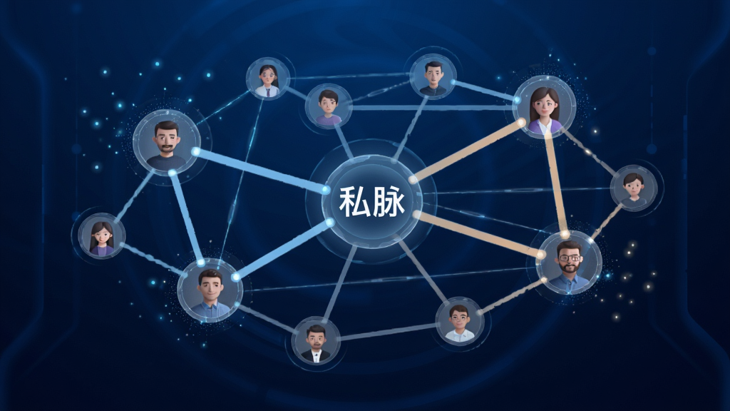 画面主体为悬浮在空中的半透明人脉网络图,节点以圆形头像表示,连线粗细代表关系亲疏,背景为深蓝色科技感渐变,风格为数据可视化艺术风,细节包含发光线条与动态粒子效果,画质高清干净无多余元素,图中包含文字“私脉”