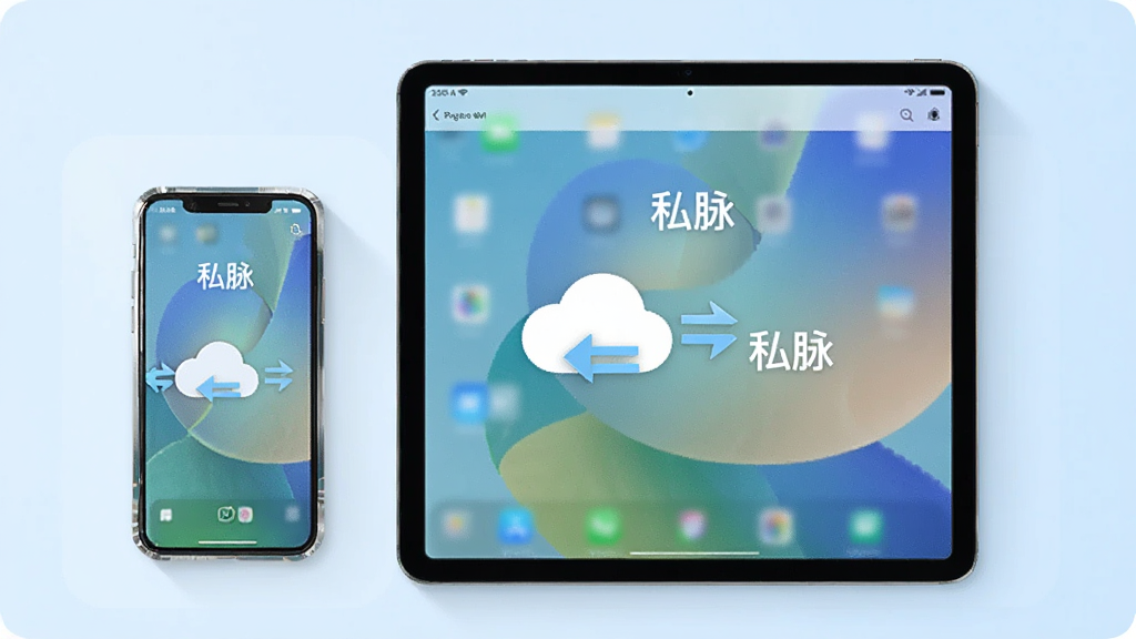画面展示手机与平板电脑并排摆放,两台设备屏幕均显示“私脉”应用界面,中间用云朵图标与双向箭头连接表示同步,背景为浅蓝色渐变,风格为简洁科技风,细节包含设备边框与柔和投影,画质清晰干净无多余元素