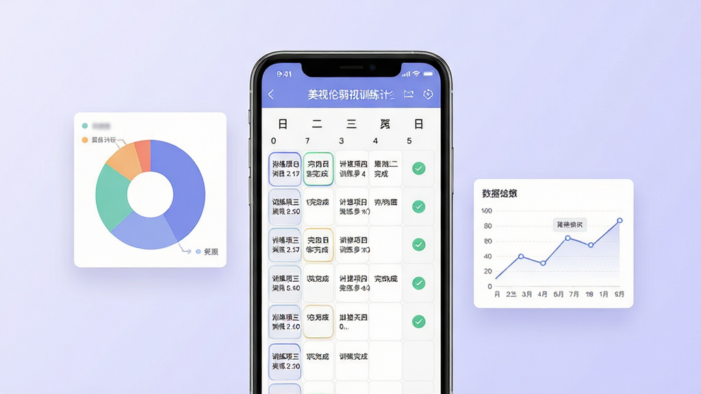 美视伦弱视训练个性化计划界面,画面中心为一部手机,屏幕显示日历式训练计划表,表格中标注了每日训练项目和完成打勾标记,手机旁边漂浮着数据统计饼图和折线图,背景为淡紫色渐变,风格简约现代,细节上突出计划表的清晰排版和图表的数据可视化效果,画质干净清晰,无多余元素