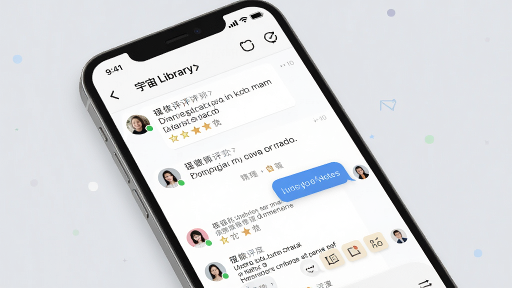 一张展示宇宙图书馆社区互动功能的图片,手机屏幕显示书籍评论区与笔记界面,有用户头像和对话气泡,背景是淡雅的浅灰色,风格社交化,细节清晰,画质良好,干净无多余元素