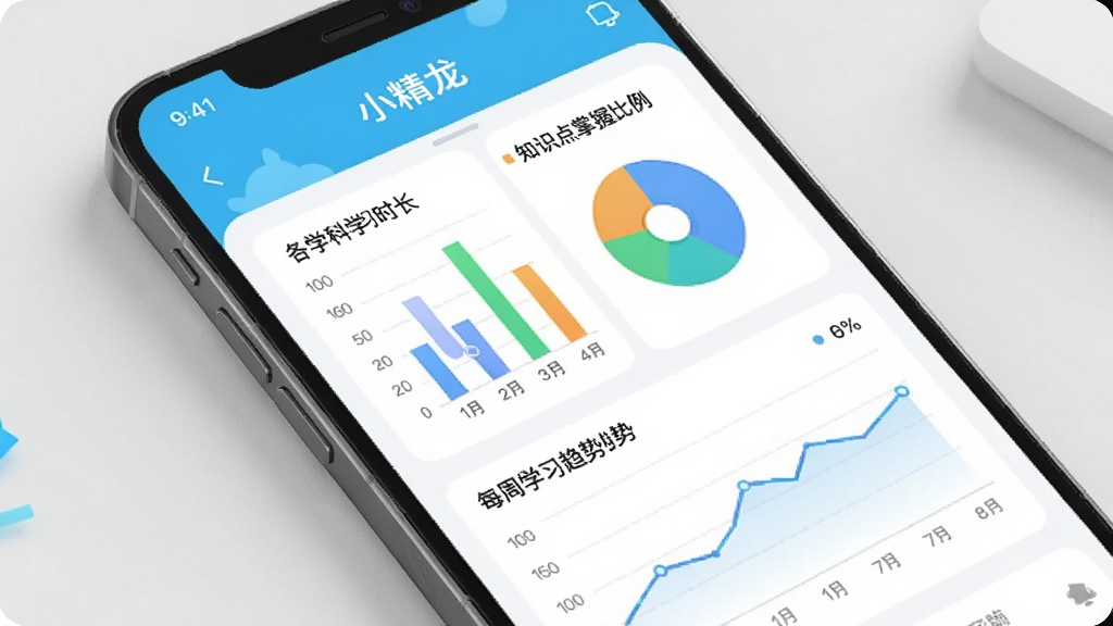 手机屏幕展示“小精龙”App学习报告页面,包含柱状图、饼图和折线图,分别展示各学科学习时长、知识点掌握比例和每周学习趋势,界面设计简洁现代,配色清新,画质清晰,干净无多余元素。