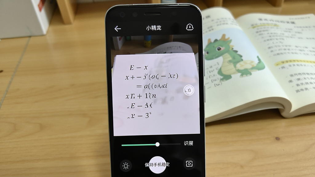 一部安卓手机屏幕展示“小精龙”App的拍照搜题界面,取景框对准一道数学题,屏幕下方显示识别进度条,旁边有“保持手机稳定”的提示文字,背景是书桌和课本,风格简洁清晰,画质细腻,干净无多余元素。