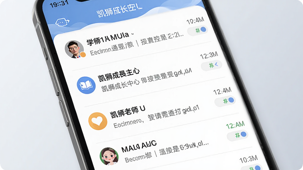 凯狮成长中心APP消息通知界面展示图,画面主体是一部手机屏幕,显示多条来自学校与老师的通知消息列表,每条消息带有时间戳和已读未读状态,背景为浅灰色渐变,风格简约商务,细节清晰,画质干净无多余元素
