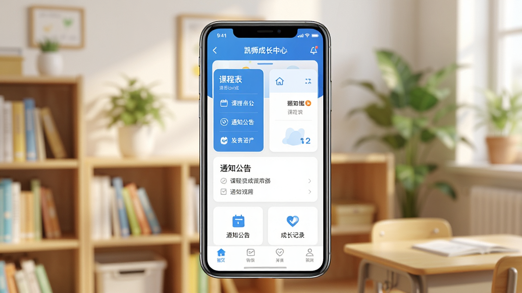 一张展示凯狮成长中心手机应用界面的预览图,画面中央是一部智能手机,屏幕显示凯狮成长中心APP的首页界面,包含课程表、通知公告、成长记录等功能模块,背景是温馨的教室场景,有书架和绿植,整体风格清新明亮,色彩以蓝色和白色为主,排版简洁清晰,画质高清,干净无多余元素