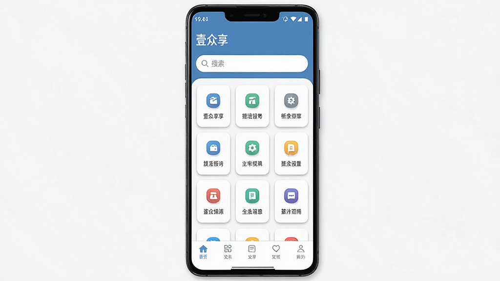 一张展示“壹众享”手机应用主界面的预览图,画面中央为一部竖屏安卓手机,屏幕内显示“壹众享”应用首页,顶部有搜索框,中部为功能图标网格,底部为导航栏,整体布局清晰,风格简洁现代,细节包括图标阴影和圆角卡片,画质高清,干净,无多余元素