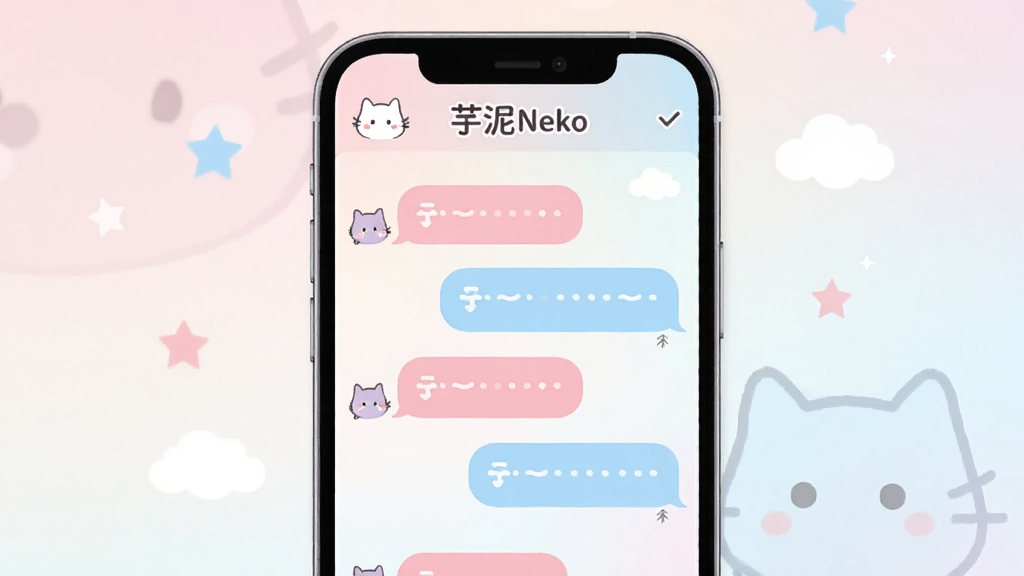 一张展示芋泥Neko软件主界面的图片,画面中央是手机屏幕,屏幕内显示芋泥Neko聊天界面,界面风格清新可爱,有粉色和浅蓝色调,聊天气泡圆润,顶部有芋泥Neko字样,背景是柔和的渐变色彩,周围点缀少量星星和云朵装饰,整体风格简洁明快,画质清晰,干净无多余元素