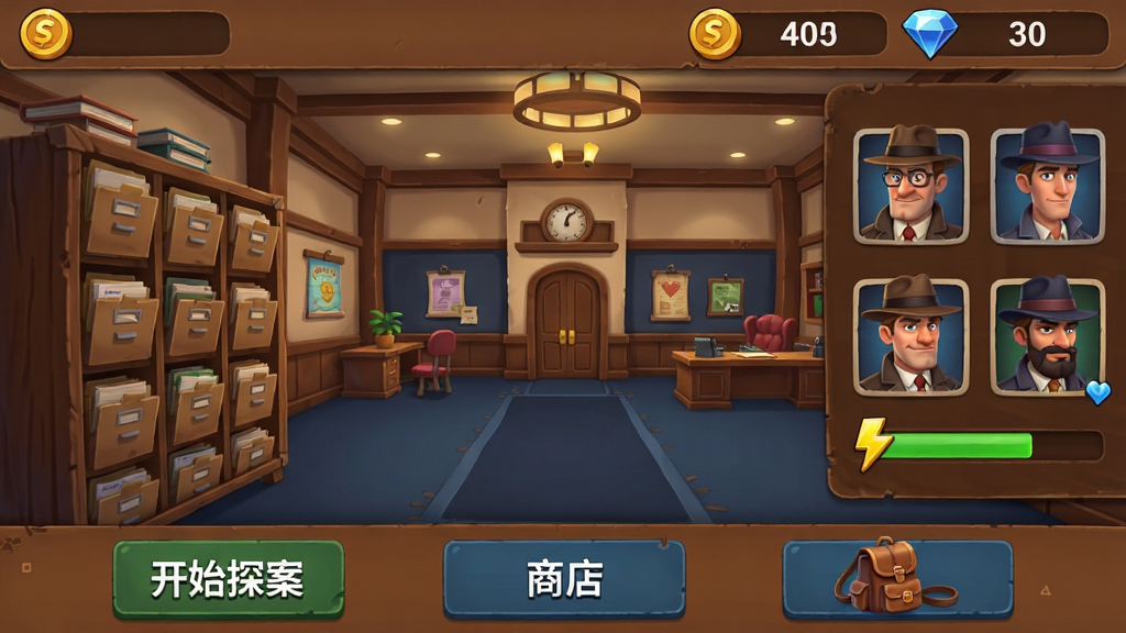 同盟神探游戏主界面截图,画面中央显示侦探协会大厅场景,左侧是案件档案架,右侧是角色头像与体力条,顶部有金币和钻石数量,底部排列着开始探案、商店、背包等按钮,整体风格为欧美卡通渲染,色调偏暖棕色与深蓝色,画质清晰干净,无多余元素