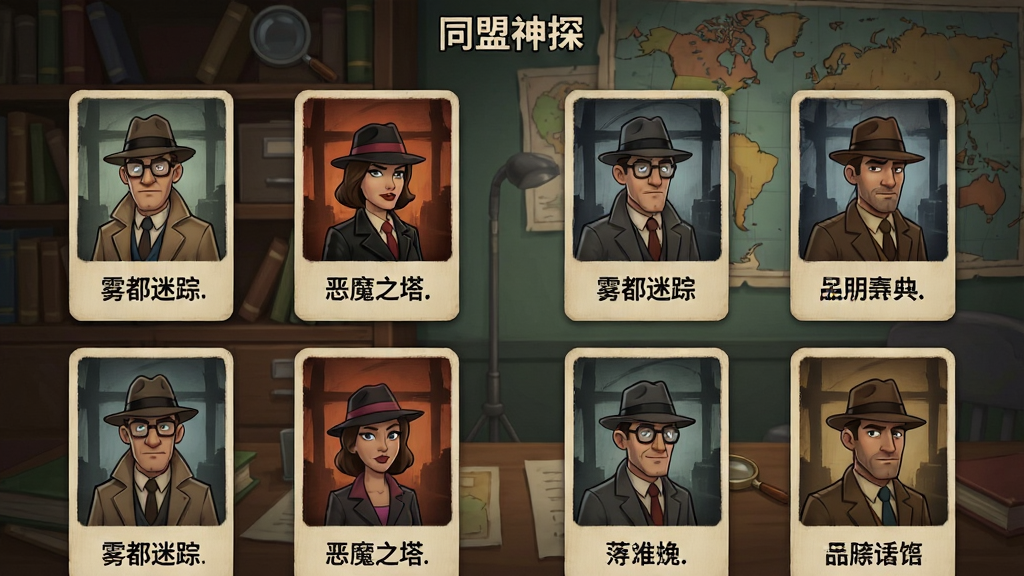同盟神探案件选择界面,画面展示多个案件封面卡片整齐排列,卡片上有案件名称如雾都迷踪、恶魔之塔等,背景是侦探办公室的书架与地图,风格为欧美卡通,色调复古,画质清晰