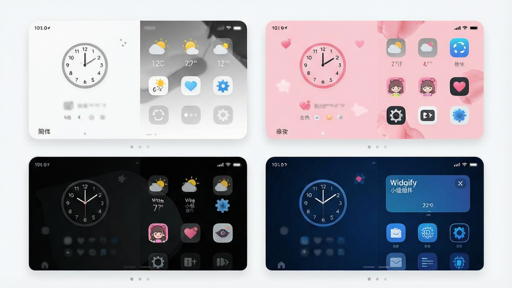 一张手机桌面主题模板预览图,画面中展示四套不同风格的桌面缩略图,分别为极简白、暗夜黑、粉色少女与蓝色科技风,布局采用两行两列的卡片式排列,风格为清爽的展示型UI设计,细节上每套模板都包含时钟、天气与图标组,画质清晰,画面干净,无多余元素,图中文字标注“Widgify小组件”