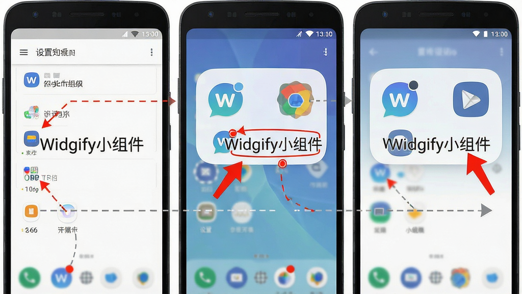 一张手机操作步骤示意图,画面中展示安卓手机从设置到添加小组件的三个关键界面截图,主体为手机屏幕正面,布局采用横向三格并排展示,风格为简洁的教程示意图,细节上每个界面都有红色箭头标注操作位置,画质清晰,画面干净,无多余元素,图中文字标注“Widgify小组件”