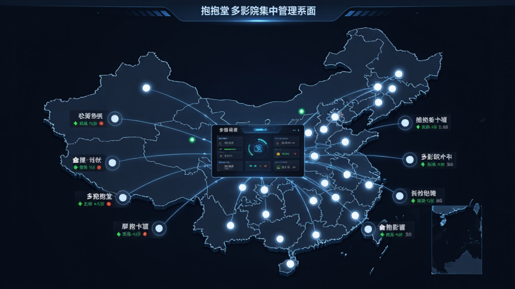 抱抱堂多影院集中管理界面,画面展示一张中国地图上分布多个影院光点,每个光点连接至中央控制面板,布局为中心辐射式构图,风格商务大气,细节包含影院名称标签、在线状态图标,画质高清,干净,无多余元素