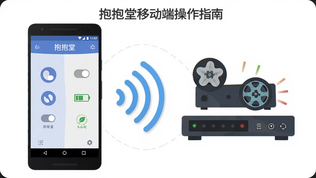 抱抱堂移动端操作指南示意图,画面展示一部安卓手机与一台影院放映服务器通过无线信号连接,手机屏幕显示抱抱堂控制界面,布局为左右对比式,风格扁平化插画风,细节包含WiFi信号波纹、权限开关图标、电池优化标识,画质高清,干净,无多余元素