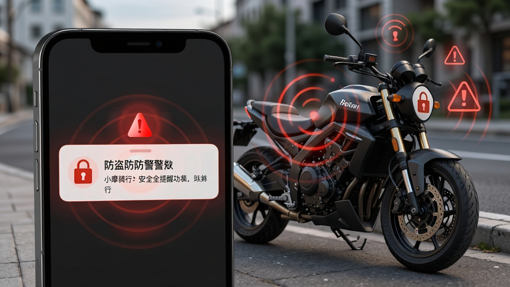 СĦ����APP��ȫ���ѹ��ܵĽ���ʾ��ͼ���������ֻ���Ļ������������֪ͨ��������һ��ͣ����·�ߵ�Ħ�г�����Χ���״ﲨ���뾯ʾͼ�꣬����Ϊ�ֻ���Ļ��д�볡����ϣ����Ϊ��ȫ��ʾ�磬ϸ�ڰ�����ɫ��ʾ��Ч������ͼ�꣬���ʸ��壬�ɾ����޶���Ԫ��