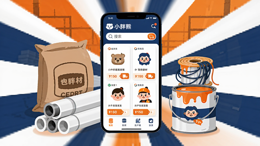小胖熊建材配送应用主界面展示,画面中央是一部智能手机,屏幕内显示小胖熊的首页商品分类与搜索栏,周围环绕水泥袋、PVC管、电线卷、油漆桶等建材元素,布局采用中心放射式构图,排版清晰规整,风格为扁平化矢量插画,色彩以橙色和深蓝色为主,细节包括商品卡片、价格标签、配送小图标,画质高清,画面干净,无多余元素