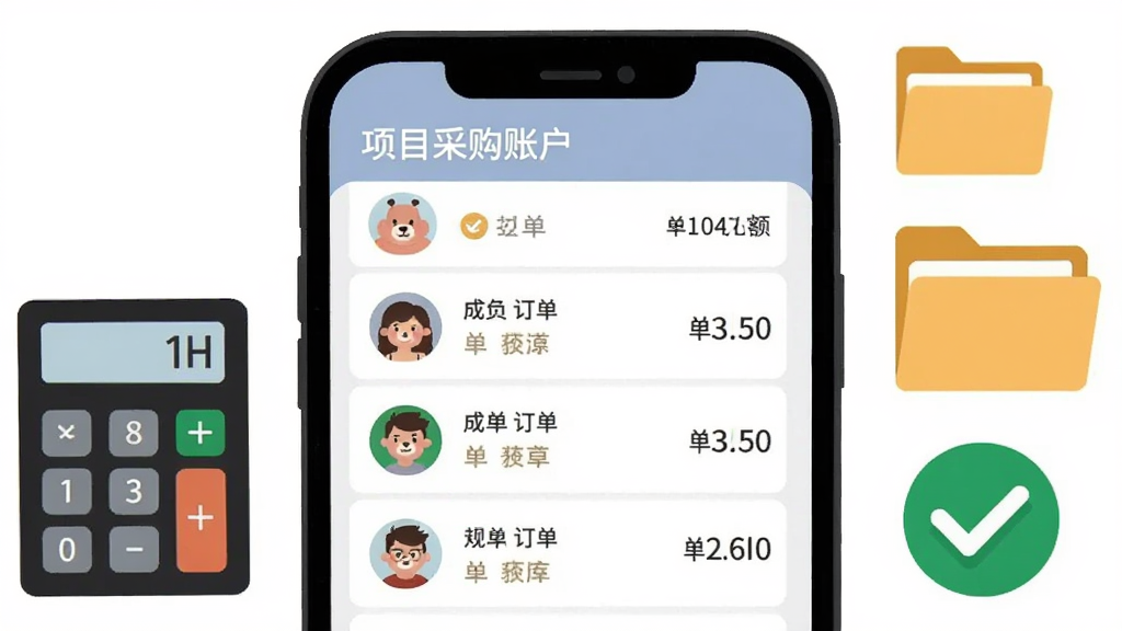 小胖熊多角色采购对账界面,画面中央手机屏幕显示项目账户下多个成员订单列表与汇总金额,旁边有计算器、文件夹、对勾图标,布局采用左右分栏,风格为商务扁平化插画,细节包括成员头像、订单编号、金额数字,画质清晰,干净整洁,无多余元素