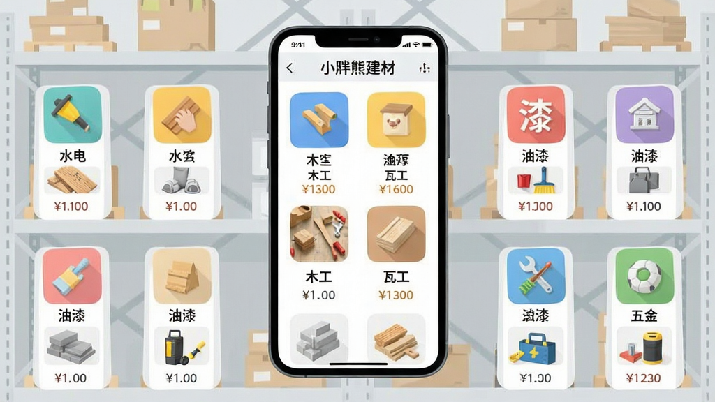 小胖熊建材商品分类界面,画面中央展示手机屏幕内整齐排列的水电、木工、瓦工、油漆、五金分类图标,每个图标下方有对应建材小图,背景为浅灰色仓库货架,布局采用网格状排列,风格为简洁扁平化UI插画,细节包括分类标签、商品缩略图、价格文字,画质清晰,干净无杂乱元素